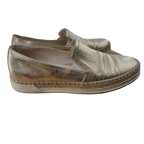 Tod's Metallic Gold Leather Slip On Loafers Rope Trim Womens Size 6 36 Comfort - Picture 2 of 11